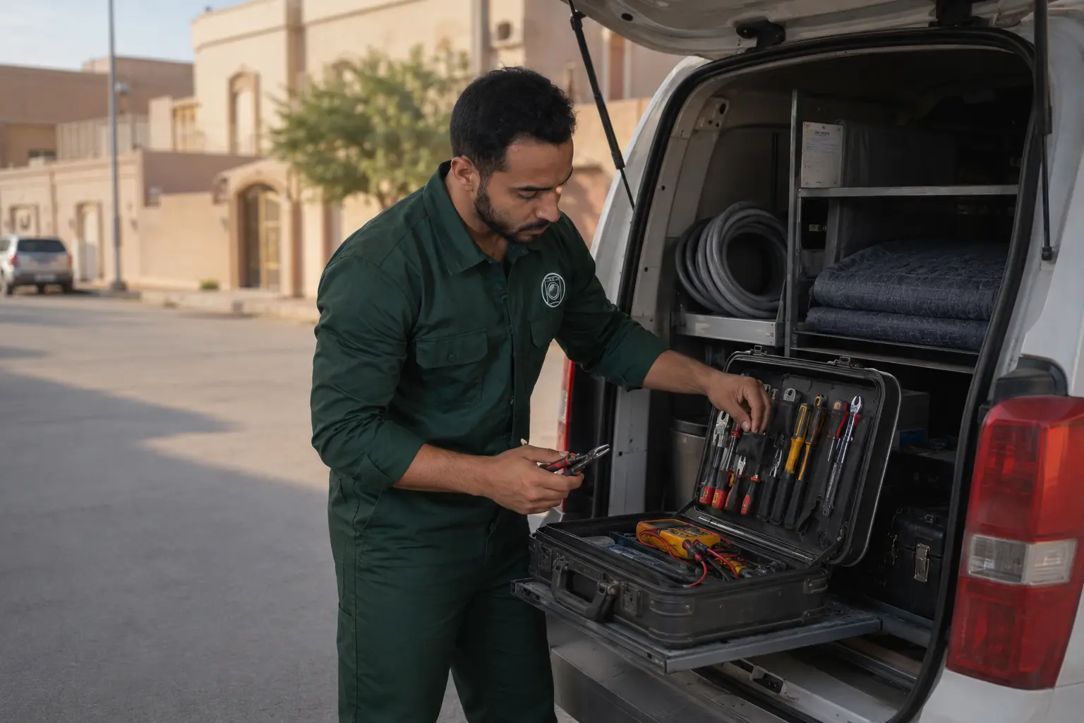 فني يجهز أدوات صيانة الغسالات بجانب مركبة الخدمة في الرياض