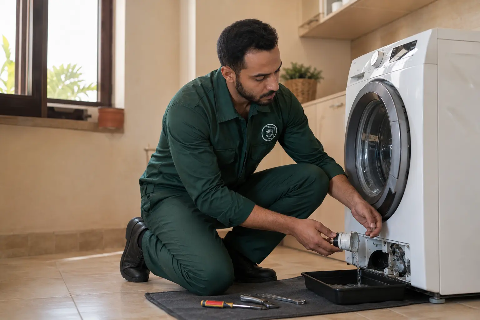 فني يفحص مضخة تصريف غسالة داخل منزل